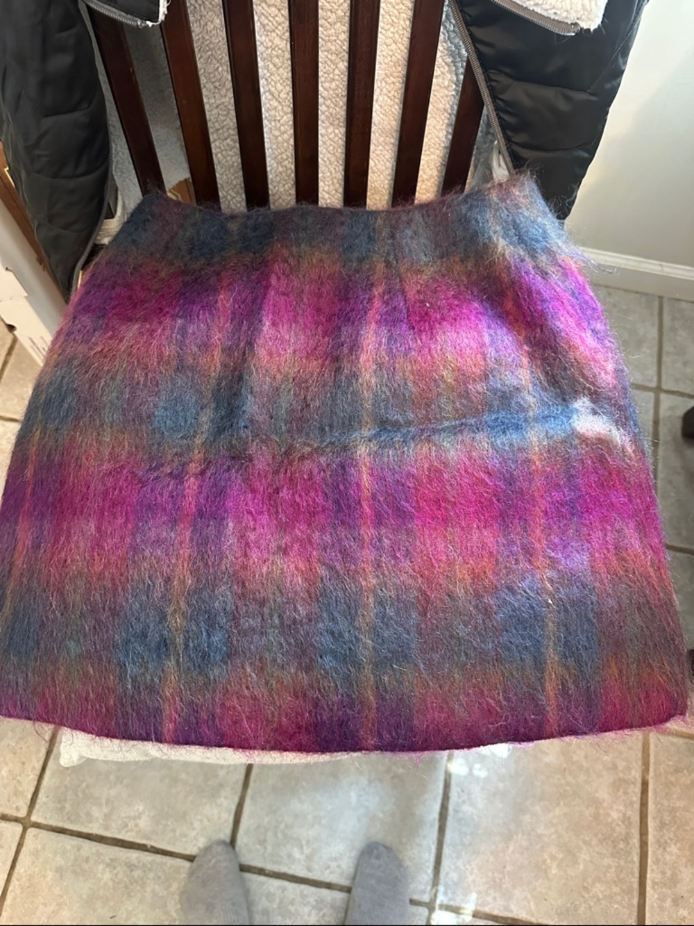 Fuzzy Multicolor Plaid Mini Skirt in Purple, Pink and Blue